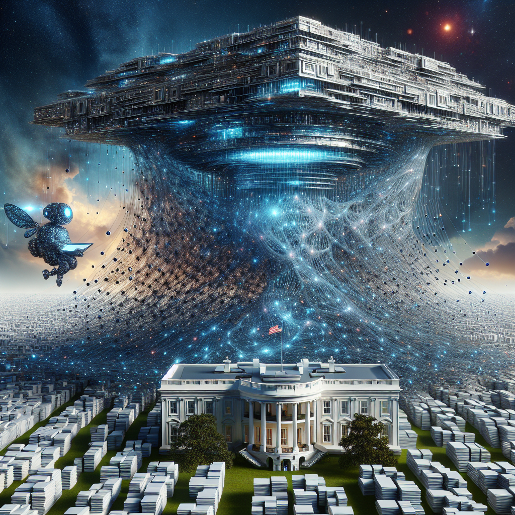 An abstract concept of an immense artificial intelligence system consisting of flowing, metallic circuits, honeycomb structures, and pulsating nodes, observing a smaller, concrete depiction of the White House symbolizing human-made law and policy. The AI system is spread in a wide expanse of the sky, either like a starry constellation or a hovering mothership, while the White House is nestled among a dense forest of documents signifying legal texts and frameworks. The AI system and the White House are in a non-confrontational 'chess match' scene with an implied dynamic tension, showcasing the concept of AI regulation.