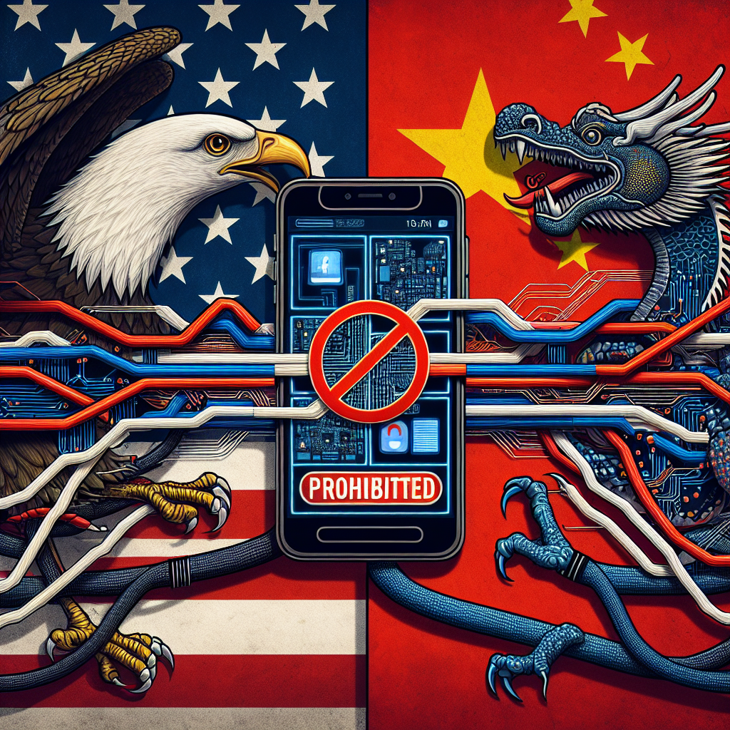 A conceptual image capturing a metaphorical debate between two opposing sides, represented by a stylized eagle (symbolizing the US) and a dragon (symbolizing China). In the middle, there's a smartphone displaying a prominent 'Prohibited' sign, indicating a ban on a social media platform. To depict the tech tension, intertwined wires and circuit patterns are emerging from the smartphone, wrapping around both the eagle and the dragon. The background is composed of a blend of the American and Chinese flags. NOTE: This is not an indication of actual tensions but a representation of the article's subject matter.