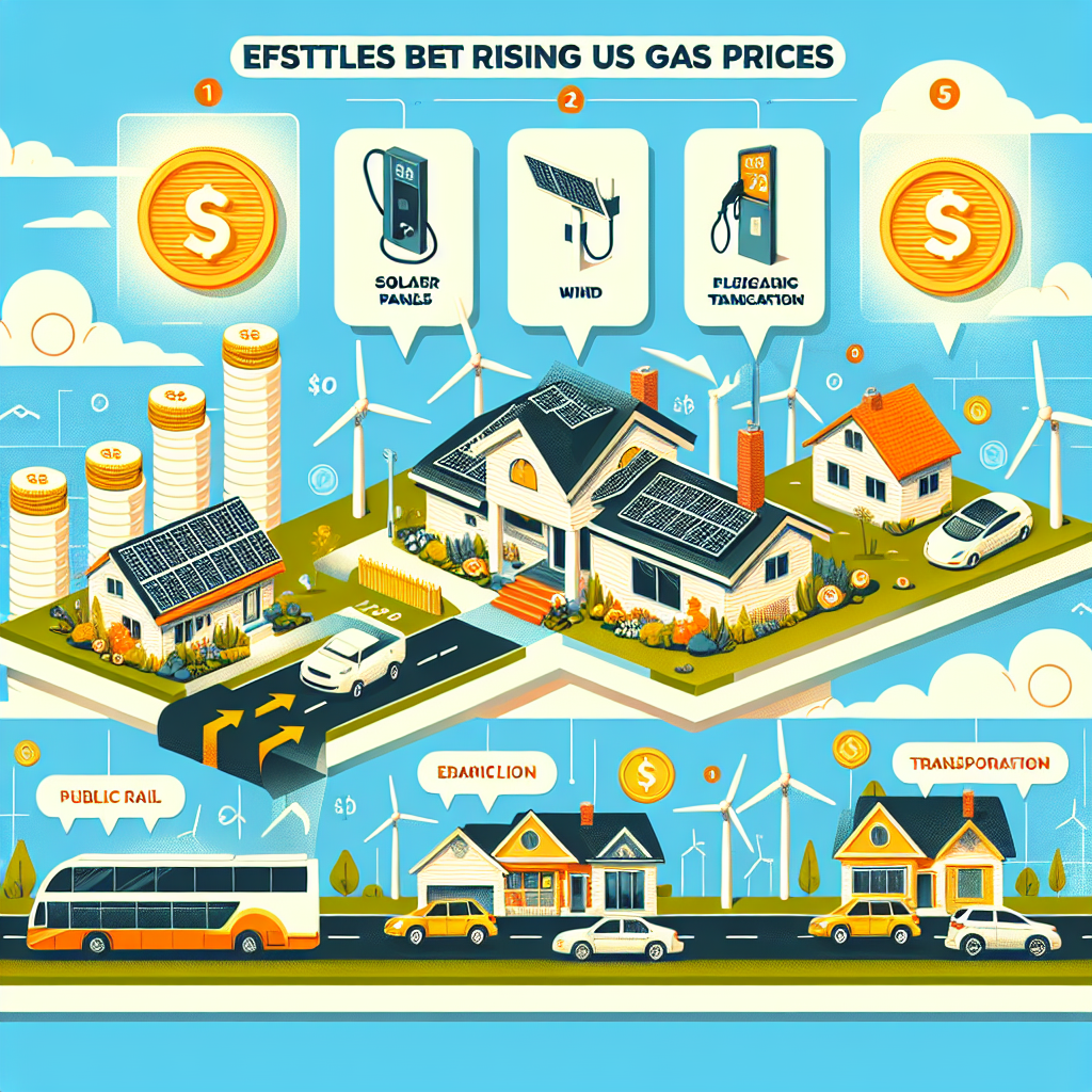 Visualize an infographic with the following components: (1) A large, bold title saying 'Effortless Ways to Beat Rising US Gas Prices.' (2) Below the title, a cartoonish illustration of residential houses with solar panels on their rooftops, along with charging stations for electric vehicles. (3) A landscape of wind turbines with a clear blue sky backdrop to the left. (4) Elements illustrating public transportation methods, such as a bus or light rail transit, to the right. (5) All placed on a background of rising stacks of coins that symbolize increasing gas prices.