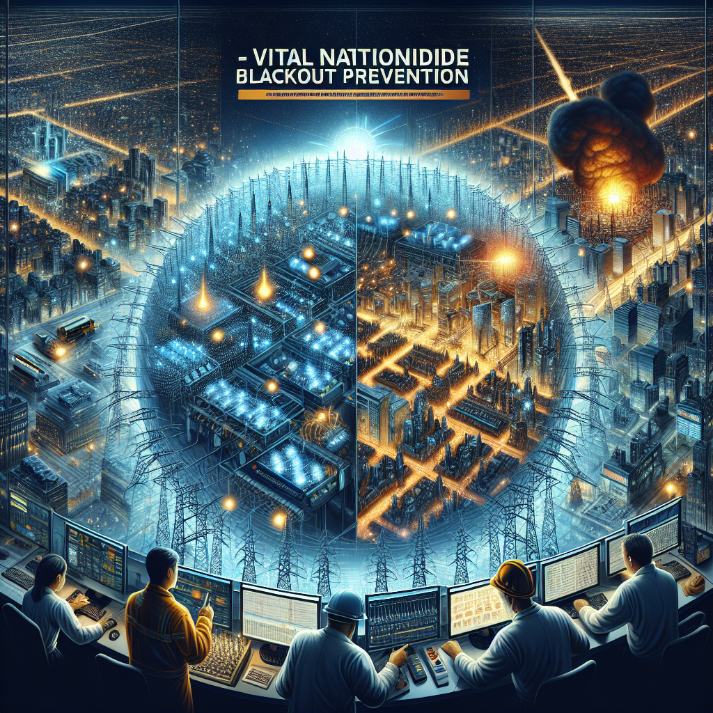 Create a detailed image illustrating the dangers of a power grid failure. The central focus should be a massive, intricately connected electricity grid, glowing with power. Below, depict a diverse group of technicians—Asian male, Black female, Caucasian male, Hispanic female—all busily monitoring the vast network of lights and cables. On one side, show a section of the grid flickering ominously, indicating potential failure. On the other side, show a cityscape plunged into darkness, demonstrating the risk of a nationwide blackout. Above, include bold, eye-catching text that reads, 'Vital Nationwide Blackout Prevention'. Use a dramatic color scheme to emphasize the urgency of the situation.