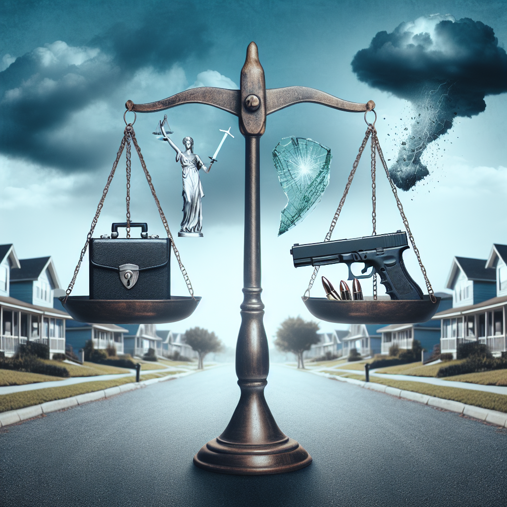 Create an image that illustrates the concept of Federal Gun Control Legislation as an effective measure for combating gun violence. The picture might include a balance or scales of justice, reflecting the weight of the decision. On one side, include symbolic representation of safety measures (like a locked case or a firearm with a trigger lock). On the other side, depict metaphoric representation of potential violence (like a broken glass or stormy clouds). Underline everything with a peaceful suburban street backdrop to signify everyday life. No person should be depicted in this scene.