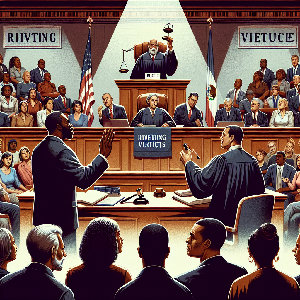 An illustration focusing on the concept of US criminal trials. In this image, depict an intense courtroom setting with all the vital characters. Given equal attention in the scene are a Black male prosecutor passionately arguing his case and a Hispanic female defense attorney delivering a committed defense. In the audience, a diverse crowd of onlookers show varying degrees of reaction, conveying the high-stakes nature of these trials. On the judge's bench (impartial by nature, hence race and gender are not specified), a gavel rests, symbolizing the impending verdict. Also, include a banner resting above the scene reading 'Riveting Verdicts'.
