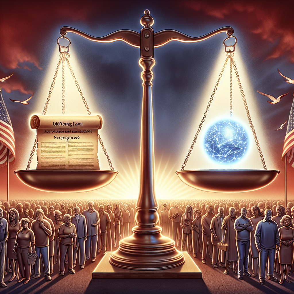 A conceptual illustration portraying the theme of voting laws changes in the United States. Present a balanced scale, one side bearing the old voting law regulations symbolized by a parchment, and the other with new proposed laws, depicted as a glowing sphere of light. Adjacent to the scale, show a diverse group of people (Caucasian, Hispanic, Black, Middle-Eastern, and South Asian men and women) lining up to cast their votes, representing the empowered electorate. In the background, hint towards the aftermath of a previous election; perhaps a rising sun, signifying a new day in America's political landscape.