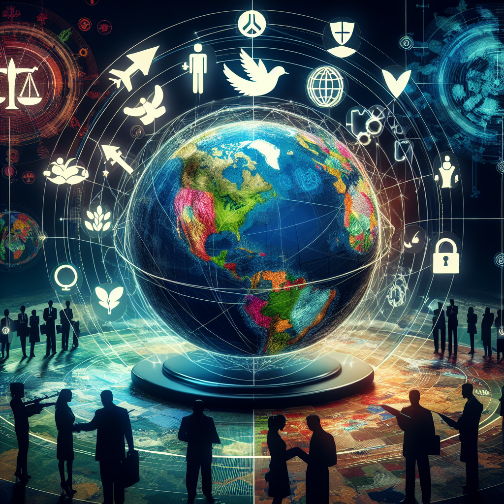 Visualize the concept of global security commitments. Imagine a globe with different countries highlighted in various colors indicating different levels of military aid. On one side of the globe, there's a symbol of peace (a bird or olive branch) and on the other side, there's a symbol for military (like a shield, or a helmet). Overlaying the image, there are arrows representing strategic movements, suggesting a well-thought-out strategy. In the background, incorporate a mix of symbols: scales indicating balance, puzzle pieces indicating coordination, and a roadmap suggesting strategic planning. Include representatives of different genders and descents actively participating in the strategic planning process.