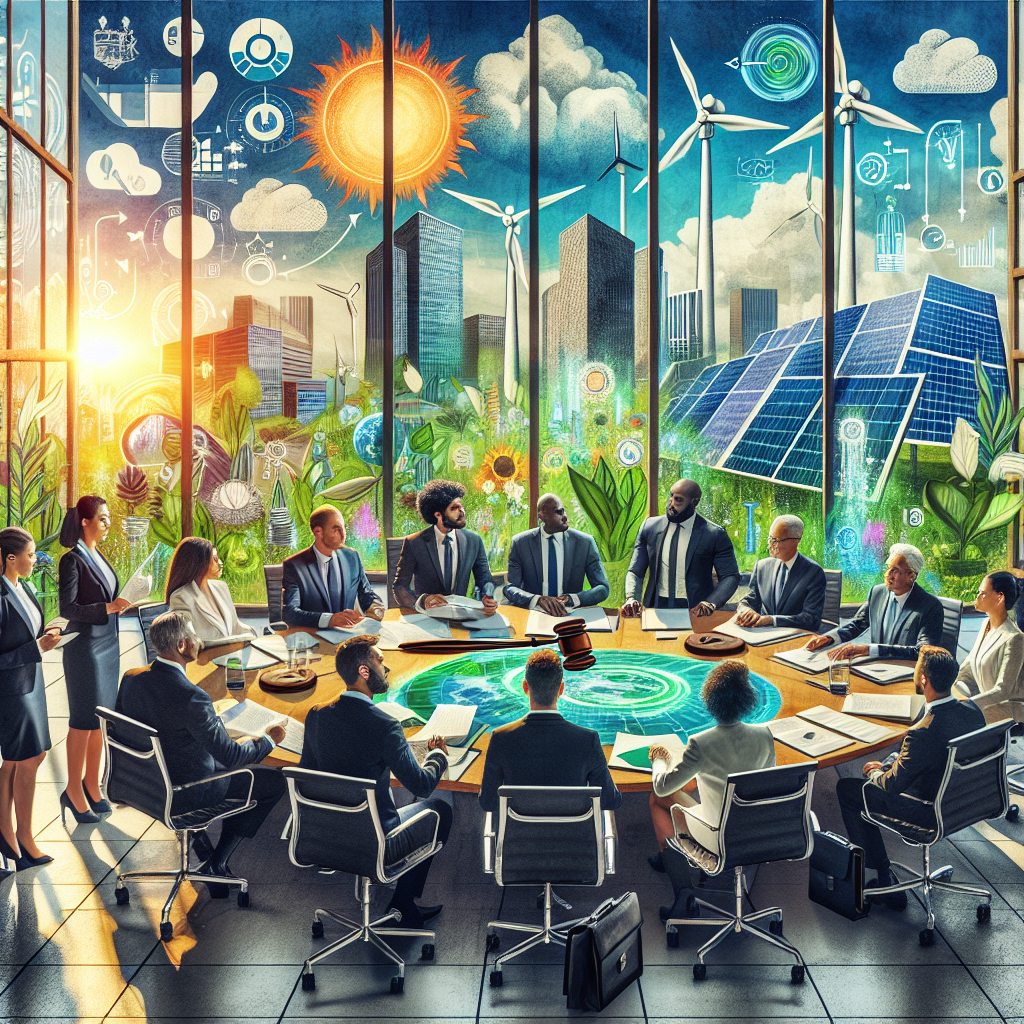 A vibrant image illustrating the concept of clean energy investments and sustainable future. In the foreground, a diverse group of people of different descents such as Caucasian, Black, Middle-Eastern, and South Asian, each wearing business attire, are involved in a discussion around a large table scattered with documents, infographics, diagrams of wind turbines, solar panels, and electric cars. In the background, a large window reveals a view of a thriving city powered by wind and solar energy under clear skies. The room also features green indoor plants symbolizing sustainability. Include symbolic elements like the gavel and legislative documents on the table to denote legislation.