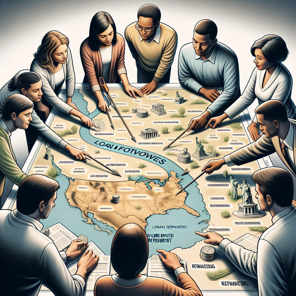 A detailed depiction of a diverse group of individuals intently studying a map spread out on a table, symbolizing a journey towards financial freedom. The map contains locations named with the elements of student loan repayment, such as 'Loan Forgiveness', 'Income-Driven Repayment', and 'Refinancing'. Each person is pointing towards different features on the map. A Caucasian woman stands at the top left of the image, a Middle-Eastern man stands at the bottom, a Hispanic woman is on the right, and a South Asian man sits on the left. The atmosphere is hopeful yet serious.