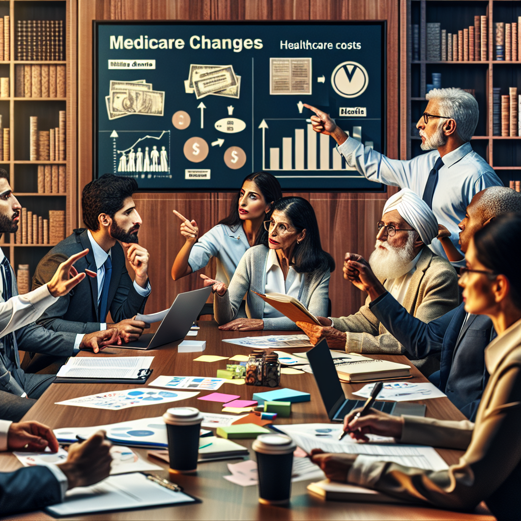 A detailed scene of a diverse group of people in a conference setting. They are thoroughly engaged in a discussion regarding Medicare changes, focused on strategies to lower healthcare costs. There is a Middle-Eastern man pointing at a stack of papers in his hand, expressing ideas energetically. Next to him, a South Asian woman, holding a laptop, nods in agreement. Across the table, a Caucasian man is writing notes diligently, while a Hispanic woman is analyzing charts displayed on a projector screen. The room is full of books, post-its, charts, and models of healthcare-related concepts. Emphasize the ambiance of serious discussion and collaboration.