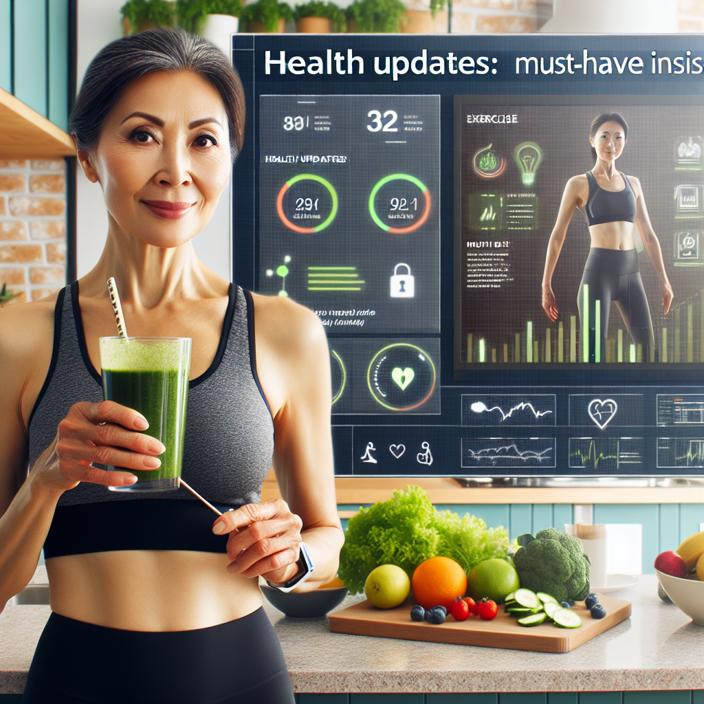 Create an image for an article focused on wellness. In the foreground, picture a fit middle-aged woman of Asian descent in exercise gear, holding a green smoothie. She stands in a bright, modern kitchen with a granite countertop, fresh fruits, and vegetables visible in the background. A screen shows a digital health application with charts and graphics about exercise and diet on the side. There is a headline written in bold, readable text saying 'Health Updates: Must-Have Insights.'