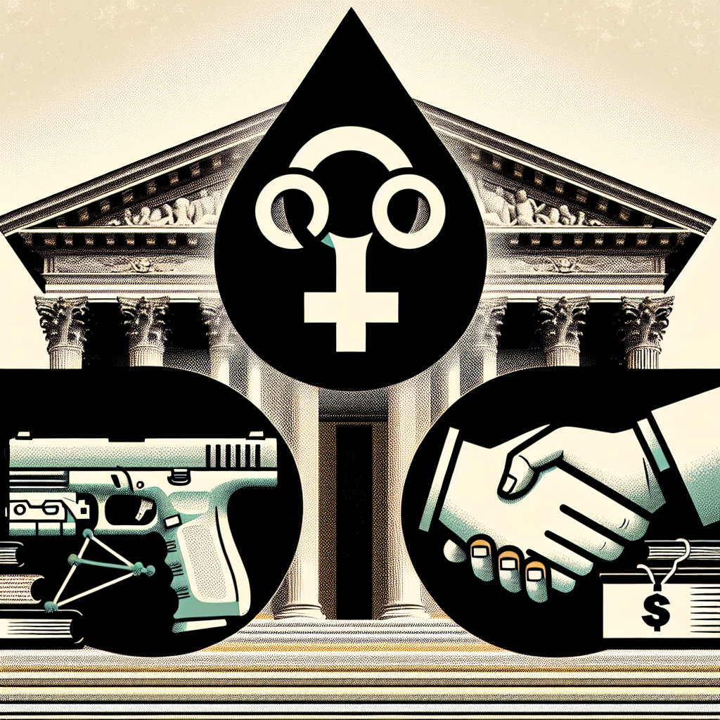 Create an image representing three distinct subjects - a symbol for women's health (to represent abortion), a firearm within a circle and a line crossing it out (to depict gun laws), and a handshake before a stack of books with a price tag (to embody student loans). These three distinctive elements are arranged triangle-like against the background of a grand building symbolizing a courthouse. The feel of the image should be solemn and serious, reflecting the weight of these issues and their far-reaching implications.