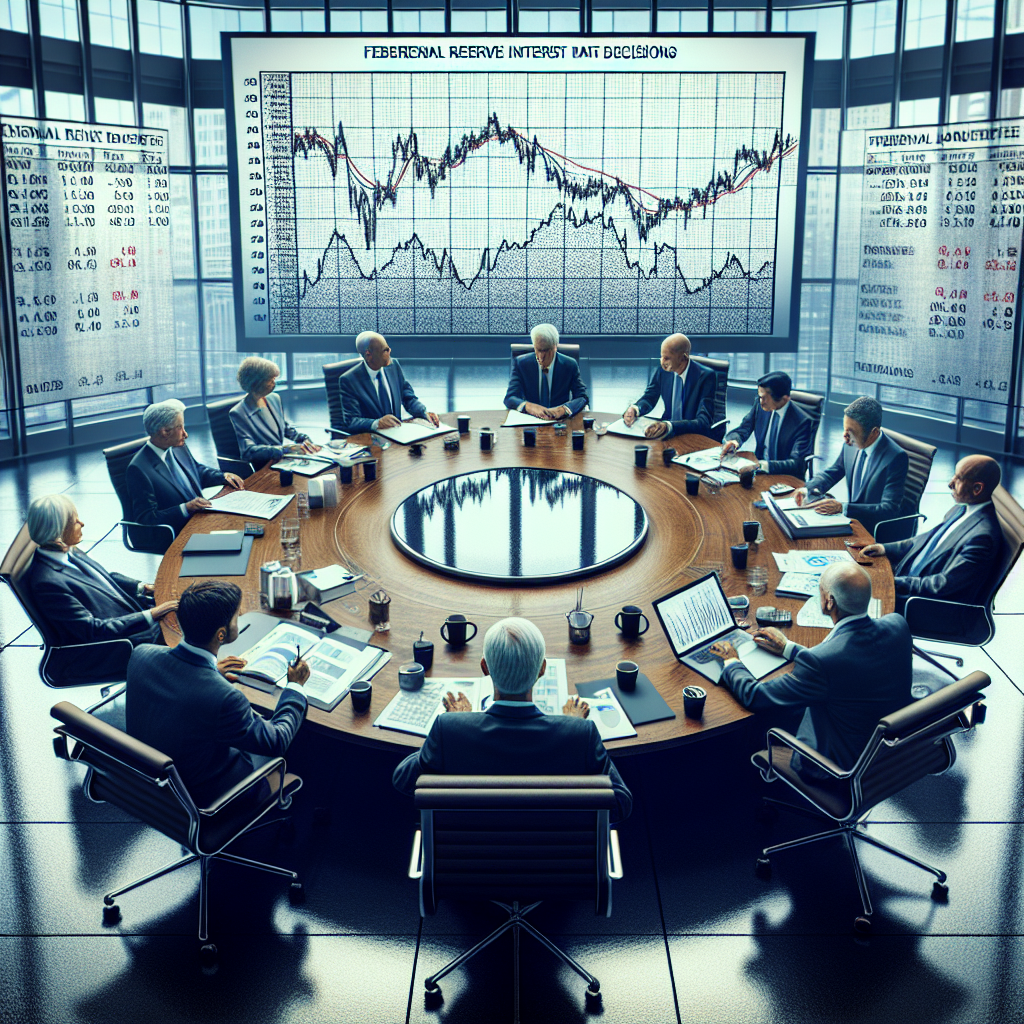 Generate an image that illustrates a complex financial concept. Picture a large round table in a sleek, modern conference room. Seated around the table are highly experienced economists, of varying descents and genders, intensely discussing strategies to manage inflation. Charts indicating historical Federal Reserve interest rate decisions are projected on the screen behind them. On the table lay various financial report papers, coffee mugs and pens. The atmosphere is thoughtful and serious, filled with the sense of responsibility of shaping national economic policy.