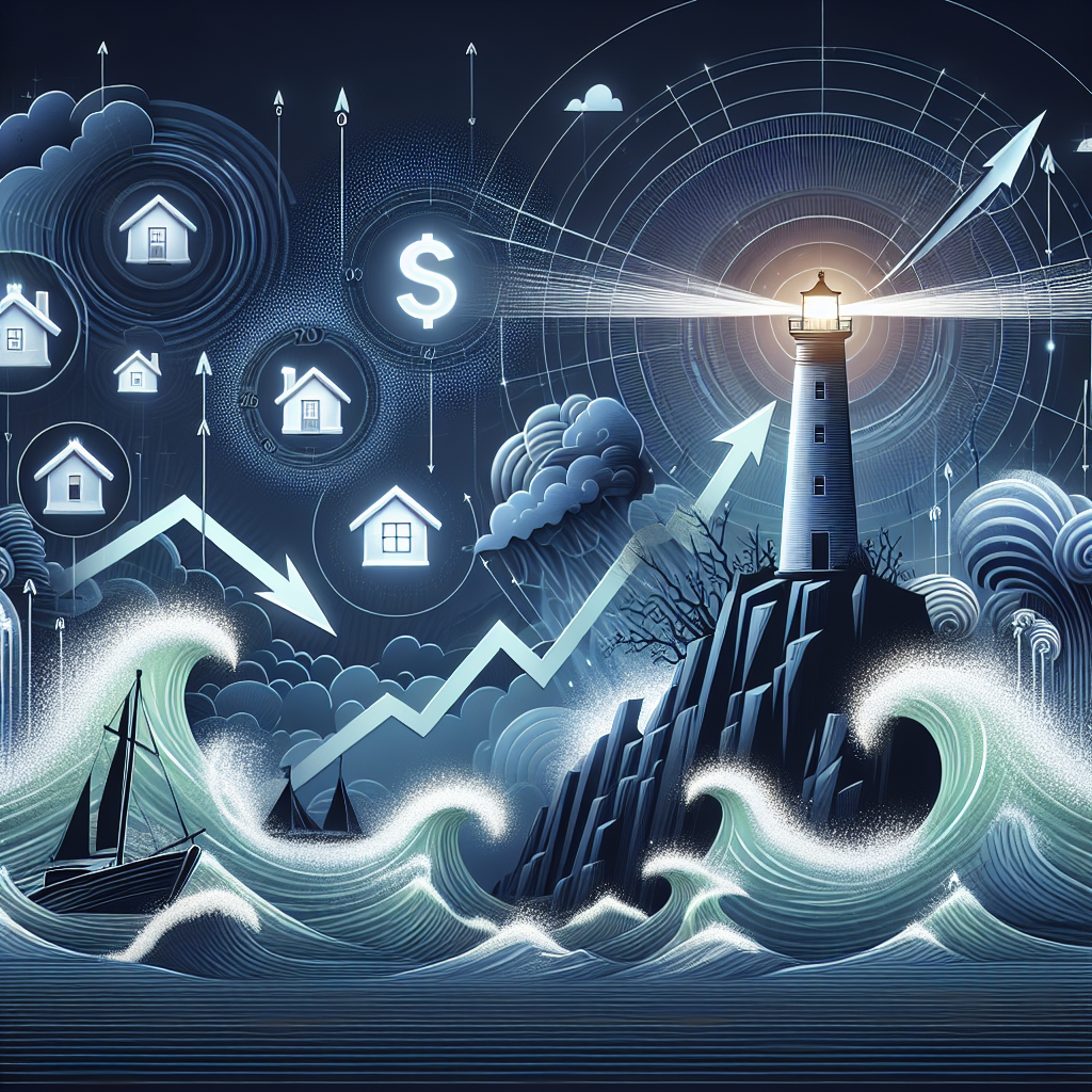 An illustrated visualization denoting the US Housing Market Crisis. Include an intricate blend of symbols like a stormy sea representing the turbulent market, a ship struggling amidst the waves to symbolize resilience. Show housing icons navigating through the stormy sea, being tossed by waves that are represented by upward trending arrows to indicate rising mortgage rates. Add a lighthouse on a rocky shore emitting a strong beam of light, signifying guidance and the best tactics to handle the situation. Emphasize that the scene is evening to depict the challenges and uncertainty.