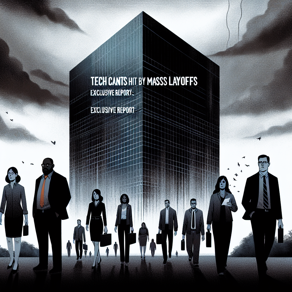 An illustrated cover for an article titled 'Tech Giants Hit by Mass Layoffs: Exclusive Report.' It features an imposing image of a large, symbolized corporate office building shrouded in darkness in the background. In the foreground, a diverse group of professionals— a Caucasian female programmer, a Black male engineer, a Hispanic female marketer, a Middle-Eastern male financial analyst and a South Asian female manager—are seen walking away from it, their facial expressions are somber. The atmosphere is one of gravity and seriousness, with grey tones and a cloudy sky.