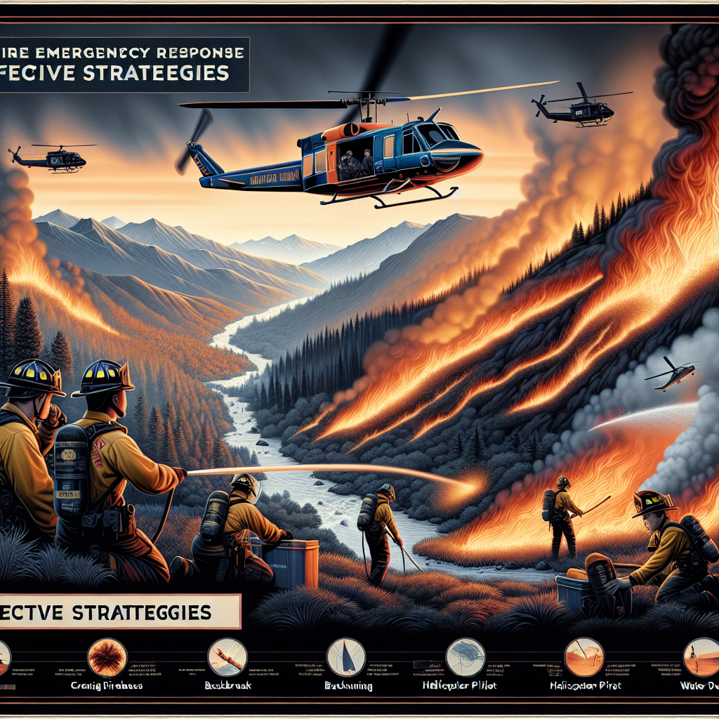 A detailed scene showing a wildfire spreading fiercely on a mountainside, beneath a smoky, orange-tinged sky. In the foreground, a diverse group of emergency response team members - an Asian male fire-fighter operating a firehose, a Black female helicopter pilot aiding from above, and a Middle-Eastern male coordinating the operation on a walkie talkie - are working vigorously to contain the situation. Key strategies are being used: creating firebreaks, backburning, and helicopter water drops. An informative banner ticks along the bottom, reading 'Wildfire Emergency Response: Effective Strategies'.