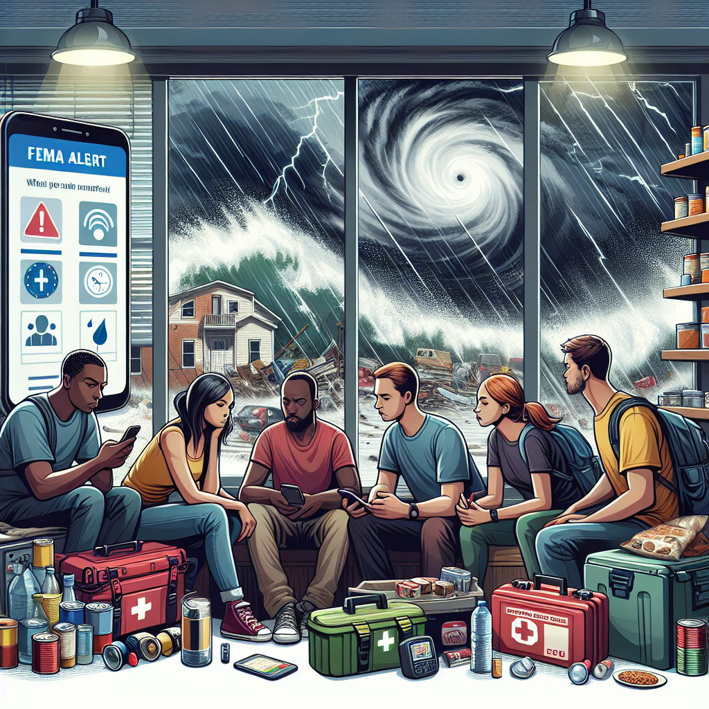 Illustration of a detailed emergency scene during hurricane season. Depict a multiracial group of people, men and women, clustered around a radio, listening intently. They are in a well-stocked emergency shelter with essentials like canned food, bottled water, flashlights, batteries, and first aid kit visible in the background. A hurricane is shown raging outside through a window, with dark clouds, high winds, and torrential rains. Overlay the scene with a partially transparent layer of a FEMA alert on a mobile screen, showing important updates and safety tips for hurricane preparedness.