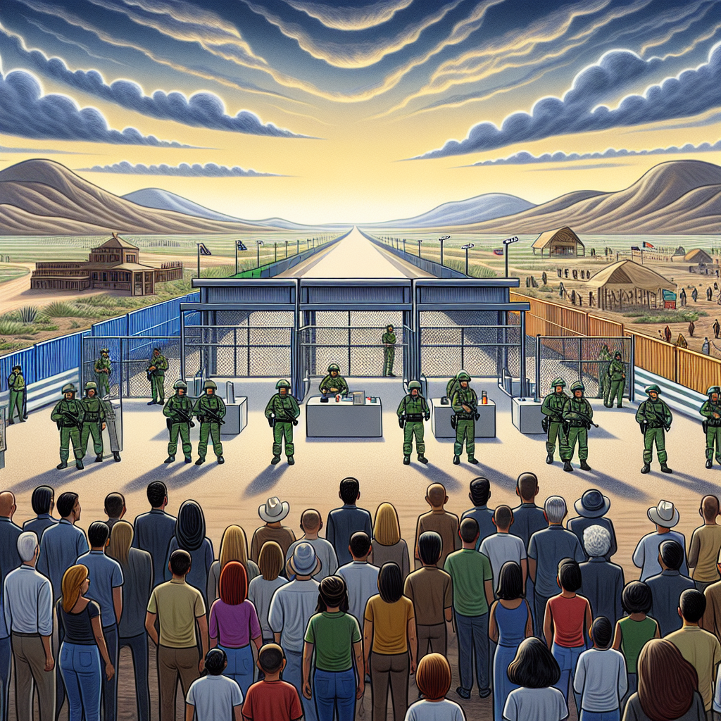 An image illustrating the subject of immigration policy changes and enhanced border security. The scene includes a vast border landscape with a modern security checkpoint in the middle, with guards of diverse genders and descents ensuring safety. In the background are mountains, symbolizing the challenges of migration. A vast sky with clouds of changing patterns represent the ever-evolving policies. On one side of the border, there are hopeful individuals of various descents and genders, eyeing the checkpoint, representing potential immigrants. Remember, no public figures or copyrighted symbols should be depicted.