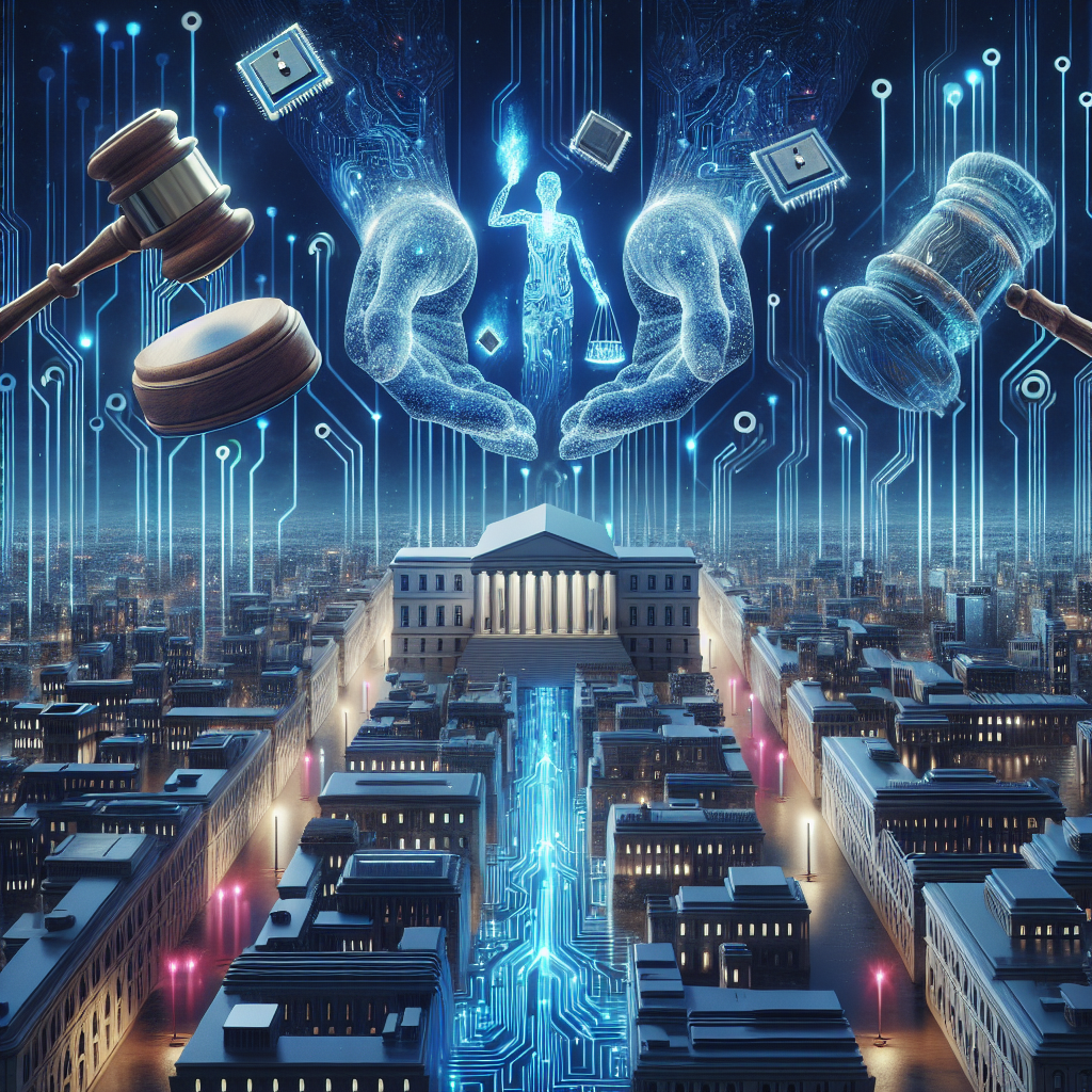 Visualize an overview of artificial intelligence regulation presented as a metaphor. Imagine a large, intricate AI circuit board cityscape - glowing digital rivers of neon blue representing data flows and towering skyscrapers built from microchips and transistors signifying AI technologies. Floating above the cityscape, an abstract depiction of a pair of nurturing hands - formed from legal gavels symbolizing law and regulation - shapes and guides the development of the city. Slightly distanced from the scene, an image of a classical white stately building, a symbol of governance and decision-making, bathed in soft light, watches over the landscape.