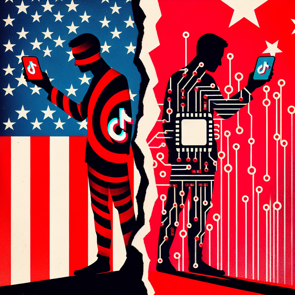 A symbolic representation of the ongoing TikTok ban debate. On one side, a silhouette of a person holding a smartphone with the TikTok logo on the screen, outlined against a backdrop of stars and stripes representing the United States. On the other side, a silhouette of a person holding a microchip, set against a red background filled with circuit lines and binary code, representing China's tech industry. Between them, a torn piece of paper depicting both countries' flags, epitomizing the tension and conflict between US and China in tech-related matters.