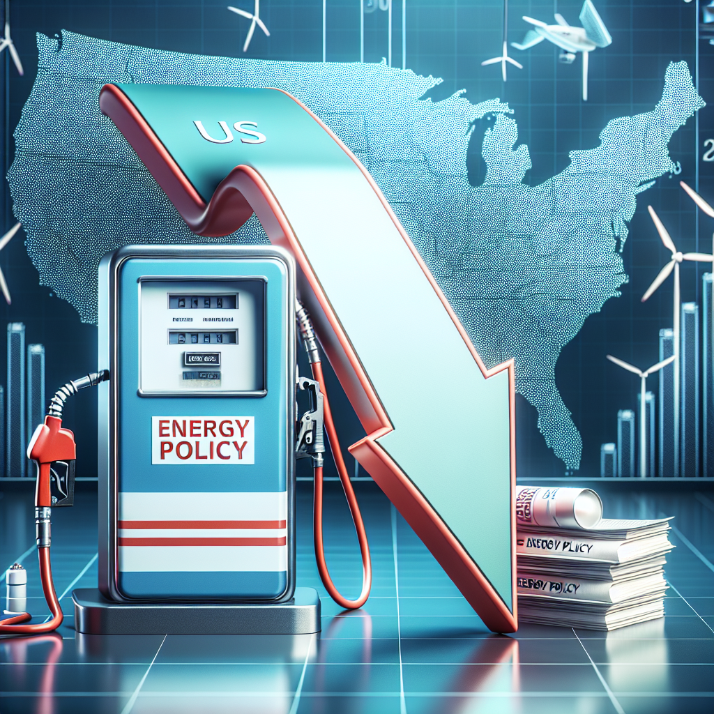 A visual concept that symbolizes the plummeting gas prices due to shifts in US energy policy, illustrated by a traditional gas pump with a large arrow pointing downwards indicating lower prices. A stack of documents bearing the title 'Energy Policy' sits next to the gas pump. A dynamic map of the United States underlain by energy-related icons such as wind turbines, solar panels, and oil derricks completes the background. Please generate this scene in a modern, realist art style with a color palette that is not overly vibrant to maintain its professional tone.