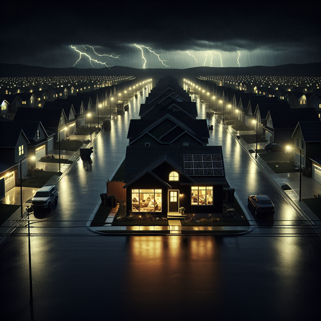 Picture this scene: It's a dark evening with a storm brewing in the sky. A suburban neighborhood with closely spaced houses reflects the eerie darkness, disrupted only by the occasional flash of distant lightning. Intermittently, street lights flicker, struggling to remain lit. Also visible is a standalone house, clearly distinguished with solar panels on its roof, and a faint glow emanating from its windows. The residents, a South Asian man and a Black woman, are seen inside, busy with their tasks, unconcerned about the outside chaos. They're comforted knowing their house is unaffected by the power grid failure due to their sustainable energy choices.