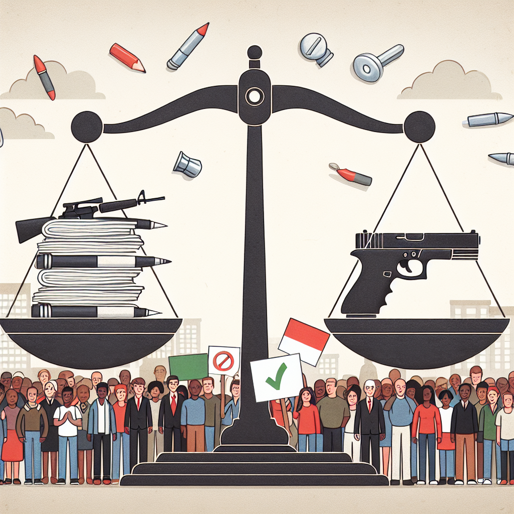 Design an illustrated image showing a balanced scale. On one side of the scale, place a pile of illustrated pen and paper, symbolizing policies and legislation. On the other side of the scale, show a defaced illustrated gun, representing gun control. The scale should appear balanced, indicating an effective balance between legislation and gun control efforts. Use a background showing diverse, concerned citizens who are depicted in a peaceful protest calling for gun control, showcasing all genders and a wide range of descents such as Caucasian, Hispanic, Asian, Black and Middle-Eastern. Ensure that all symbols and representations of people are neutral and respectful, highlighting a constructive dialogue about an important social issue.