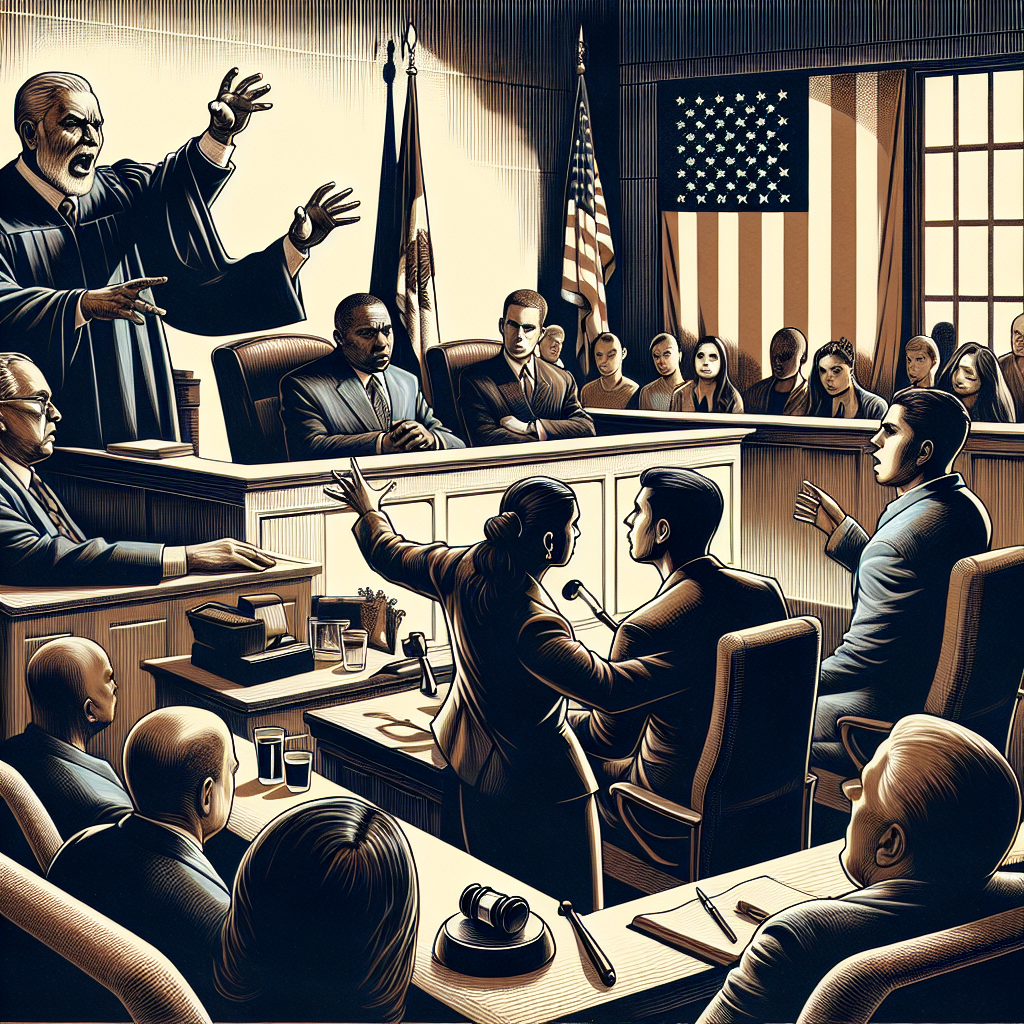 An illustrative representation of a dramatic courtroom setting during a high-profile criminal trial in the United States. A judge, of South Asian descent and male gender, is seated at his bench, delivering a verdict. A lawyer, a Hispanic woman, stands at the attorney's podium, presenting an argument passionately. Jurors of various descents and genders are seen attentively listening. A gavel, a witness stand, and a U.S flag can be seen in the background. All figures are draped in appropriate courtroom attire. Please emphasize the intensity and emotion in the courtroom.