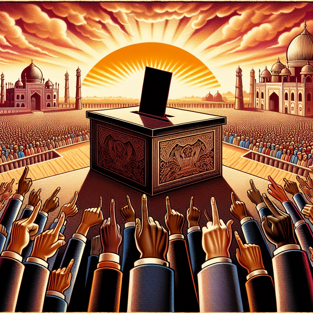 Illustration of a monumental voting bill, symbolizing the changes in voting law in a conceptual depiction. In the foreground, diverse hands of varying descents such as Caucasian, Hispanic, Black, Middle-Eastern, and South Asian are shown casting their votes into a giant ballot box. The background scene encompasses a glorious dawn, signifying new beginnings and the rising hopes of the people. Note: Avoid any reference to specific politicians or political parties, instead focus on the concept of democratic improvements.