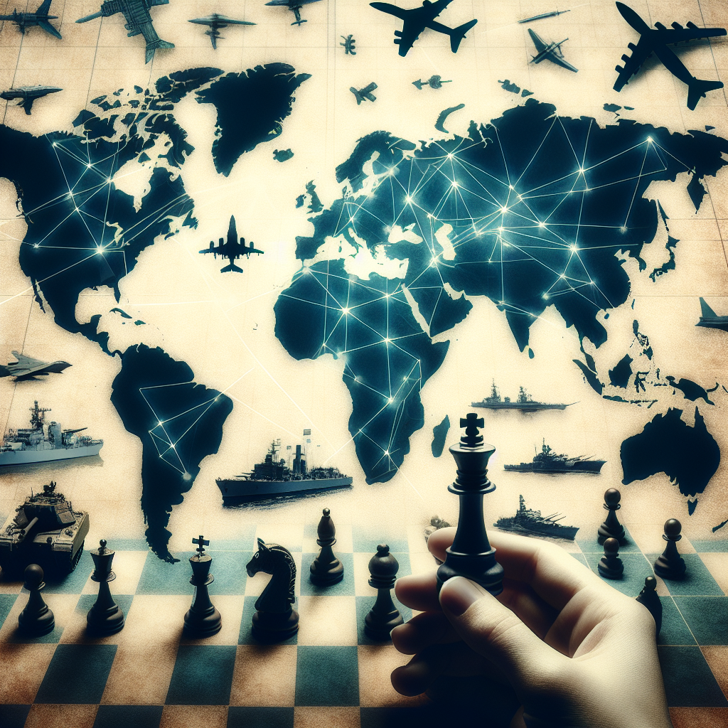An image showing a unified global map with various military symbols, symbolizing international military assistance. Illustrate different types of military hardware such as tanks, airplanes, and ships around the world. Capitalize on the theme of collaboration and coordination by showing lines connecting different continents, indicating shared strategies and cooperation in the field of global security. Include an overlay of a hand placing a chess piece onto the map to signify strategic decision-making. The tones must lean towards serious and formal, aptly represented by a subdued color palette.