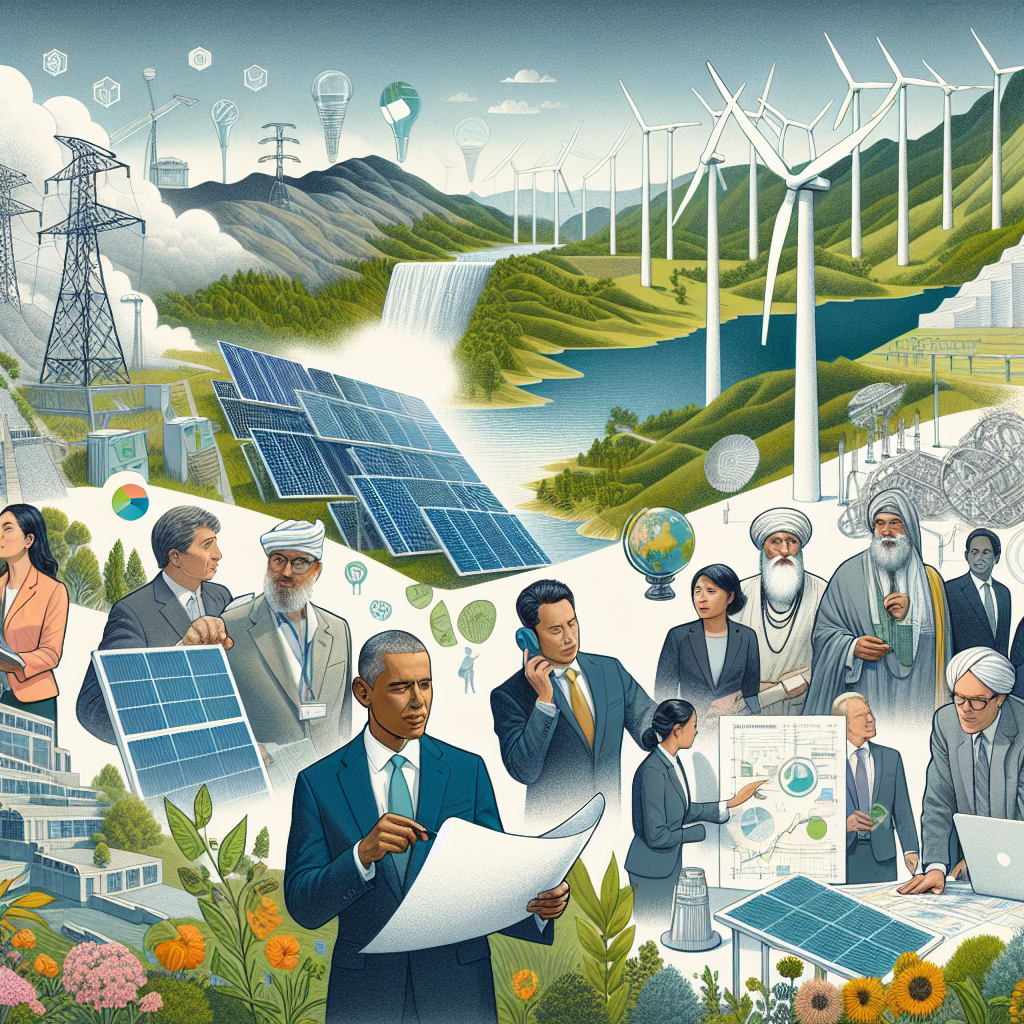 An illustrative image that depicts the theme of clean energy investments and climate change legislation. Include a range of renewable energy sources such as solar panels, wind turbines, and hydroelectric dams. Also include a group of prominent diverse figures in the field of investment and legislation, with a mix of genders and descents like Hispanic, Middle-Eastern, and Black. They should be depicted examining blueprints and graphs, symbolizing their role in planning and decision making. Furthermore, incorporate elements of nature recovering or thriving – lush greenery, clear skies, and abundant wildlife – to represent the positive effects of such projects.