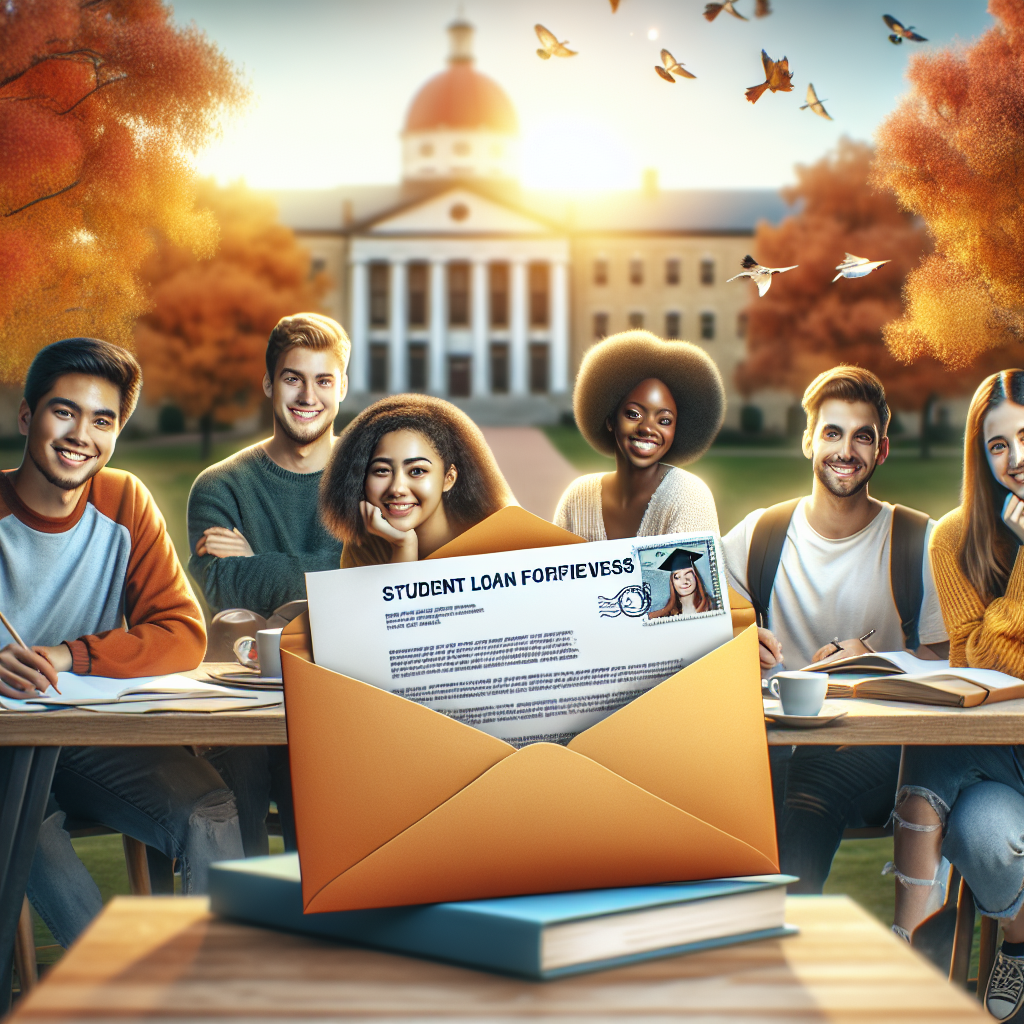 A college education setting, with a diverse range of students of different descents such as Hispanic, Middle-Eastern, South Asian, Caucasian, and Black studying together. In the forefront, a letter envelope seeping out with a message of 'Student Loan Forgiveness' and 'Effortless Repayment Updates'. The students look cheerful and relieved. The background shows a campus with beautiful autumn trees. The sun is rising, symbolizing hope and a new beginning.
