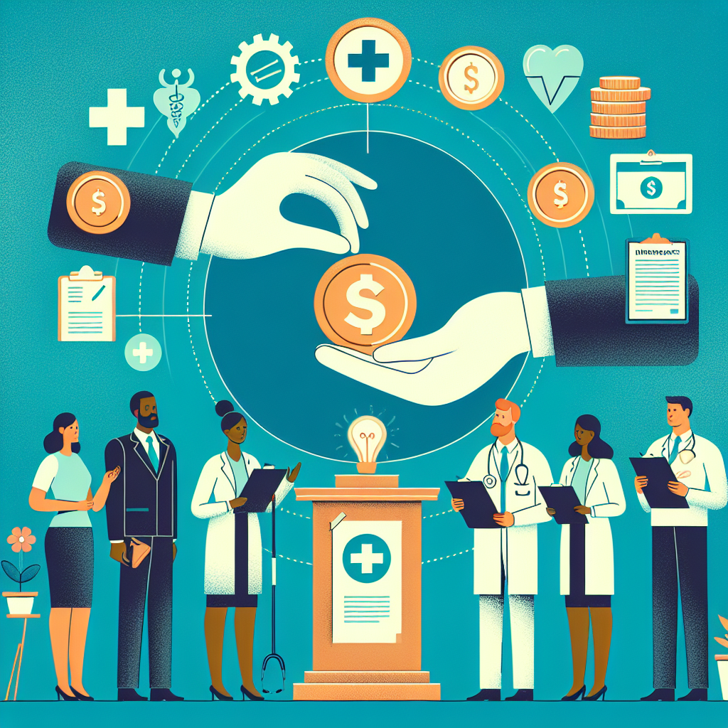Visualize a scene that encapsulates the essence of the topic 'Medicare Changes: Effortless Strategies for Affordable Health Care Costs and Insurance Reforms'. This scene should include an array of symbols and elements such as a healthcare icon, a coin changing hands to represent costs, an image of a document signifying reforms, and a diverse group of individuals that imply equal access and affordability. Specifically, this image should include a Middle-Eastern female medical professional, a Black male patient, and a South Asian female insurance agent. The color theme should be calming and professional, and a clear emphasis on positive change.