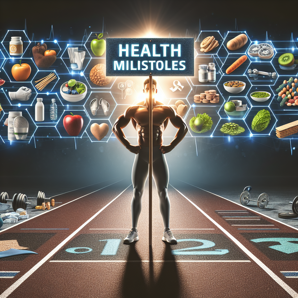 A high-quality image portraying a concept related to health improvements and milestones. The image could feature a generic, strong and healthy athletic figure (can be any gender, descent or age) standing on the finish line of a track. They are holding a sign that reads 'Health Milestones' illuminated under a spotlight. The background could be filled with various healthy foods, supplements, fitness gear, and medical symbols. This representation conveys the general theme of health progress and wellness information without connecting it to a particular personality.
