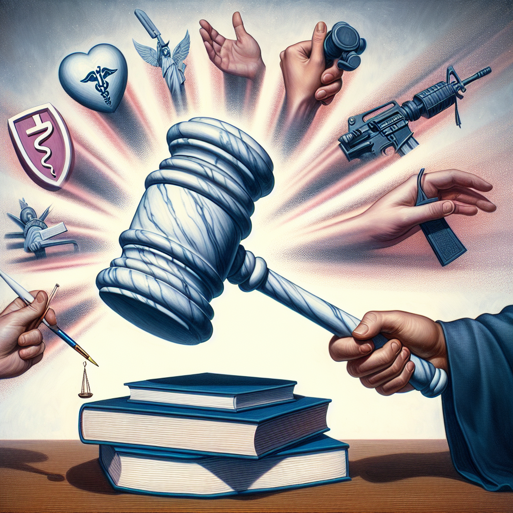 A conceptual illustration representing the influence of judiciary decisions on society. Imagine a large, intricately carved marble gavel held by an ethnically ambiguous, gender neutral judge's hand, symbolising US Supreme Court. The gavel is about to strike on piles of books that represent different fields - one with a medical symbol signifying abortion, another bearing a firearm image for gun laws, and a third one with a graduation cap for student loans. Emphasise a ripple effect radiating from the point of impact to convey the wide-ranging effects of these decisions.