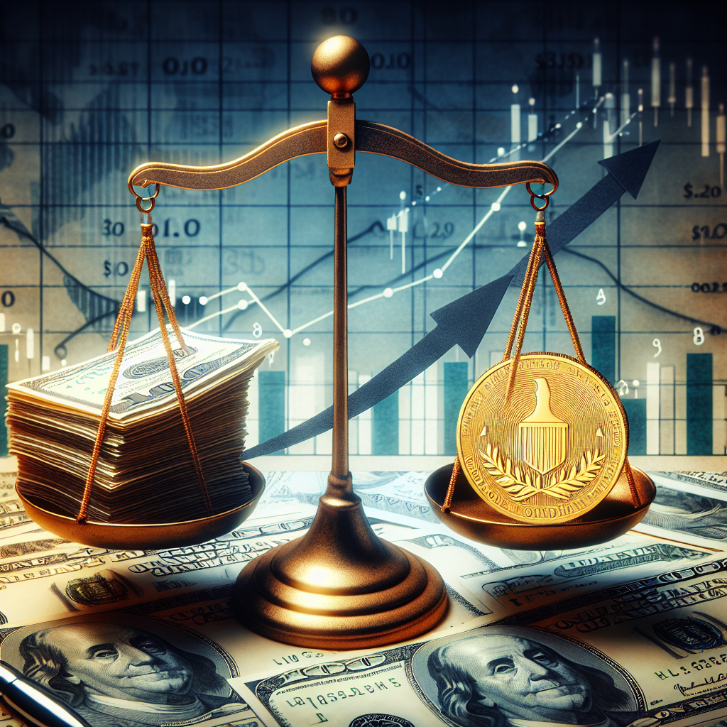 Illustrate an image where a balanced scale is in the center of the image, symbolizing the decisions. On one side of the scale is a bundle of banknotes representing the Federal Reserve, and on the other side is a gold coin with an upward arrow on it, representing optimistic inflation outlook. The background is a detailed financial graph showing a positive trend, hinting at the progressing economy. Please maintain a professional and sophisticated feel for the entire setting.