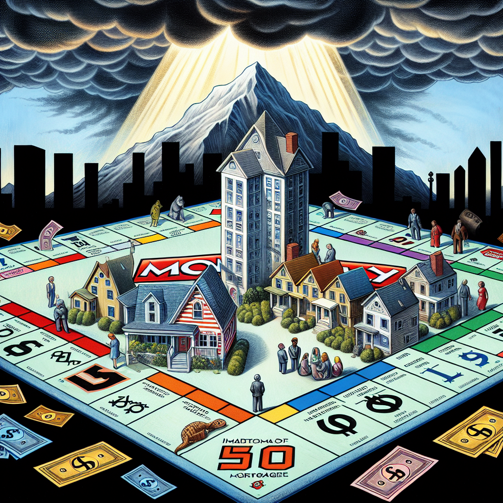 An illustrated view of the United States housing market represented as a large, classic monopoly game board. The houses are represented as monopoly houses but with a distressed look due to the crisis. A symbol of high mortgage rates is shown as a large, daunting mountain at one corner of the board. On the other side, a group of people representing multiple racial backgrounds (Caucasian, Black, South-Asian, Hispanic, Middle Eastern) and genders strategically placing their pieces on the board to navigate and combat this issue. The sky overhead is filled with dark, stormy clouds symbolic of the crisis, but a ray of sunlight breaking through, hinting at hope and successful strategies.