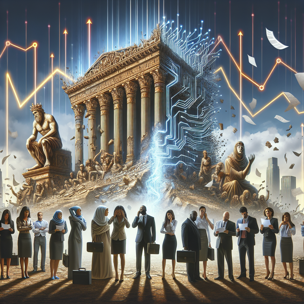 Visualize a conceptual image representing the recent trend of large technology companies facing significant challenges. The scene should depict a crumbling empire symbolic of a tech giant with glowing circuitry. The circuitry is threading through the ruins, symbolizing the technological core of these giants. Beside it, a diverse array of individuals representing various descents and genders, such as a Caucasian woman, Black man, Middle-Eastern and South Asian, visibly upset with papers flying around, signifying the mass layoffs. Also include, falling graphs in the background to enhance the sense of economic turmoil.