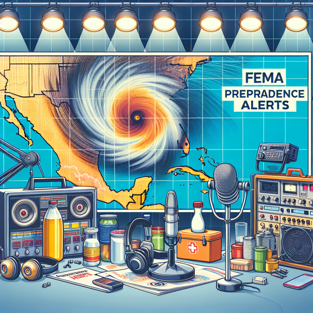 Imagine an image for an informative article. The focal point of the scene is a large map displaying the distorted shape due to the strong winds of a hurricane approaching the coastal region. In another part of the image, a set of broadcast equipment, such as a microphone and some recording devices, signal the imminent broadcast of vital updates. A close by emergency kit holds essentials such as a flashlight, batteries, canned food, bottled water, weather radio and first-aid supplies for potential disasters. The banner at the bottom of this image reads 'FEMA Hurricane Preparedness Alerts: Essential Updates'.