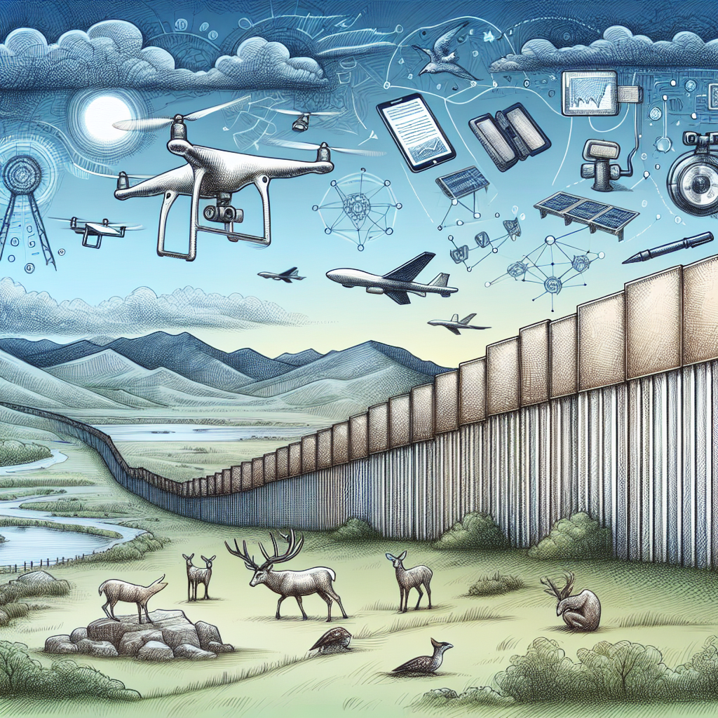 Draw a symbolic image representing border security. There should be signs of modern technological advances such as drones, sensors and biometric scanning devices, integrated into the large, imposing stone wall. In the background have vast, rural landscapes representing diverse geographical terrains, such as mountains, forests, and desert areas. The sky should reflect the transition of time, depicting both day and night, symbolizing round-the-clock vigilance. Around the border, depict some animals like deer or birds denoting the impact on wildlife. Avoid depicting any human figures or national symbols.