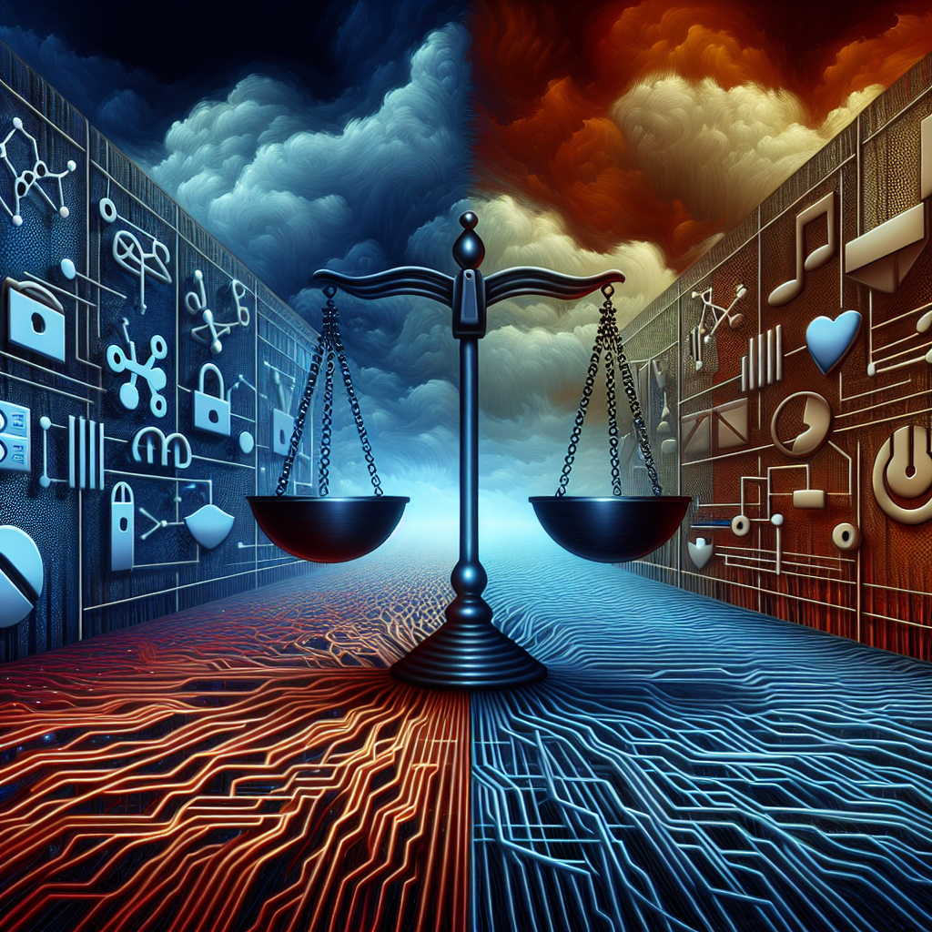 An image depicting the concept of tech tension between two giant countries without identifying symbols, featuring abstract representations of technological elements like networks, data flows, and firewalls. The tension is portrayed using contrasting colors and stormy weather. In the foreground, there are balanced scales, symbolising a debate on one of the platforms represented as a stylised logo, creating a sense of decision making. The background is filled with a pattern of confused lines, representative of the murky waters of international policies and regulations.