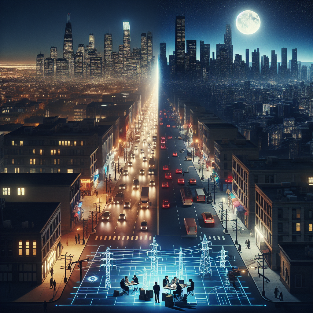 Visualize a vast, sprawling city during dusk, with buildings of varying heights piercing the horizon. As one half of the city is glowing under the still functional power grid, the other half is plunged into darkness due to a power grid failure. On one hand, we see a sense of normalcy: cars speeding on roads, people walking down the sidewalk, the glow of storefronts. But on the other hand, there is complete darkness, casting long, imposing shadows, with only the moonlight falling over deserted streets. Amid the contrast, in the foreground, visualize a group of engineers around a illuminated blueprint, devising strategies for nationwide resilience.