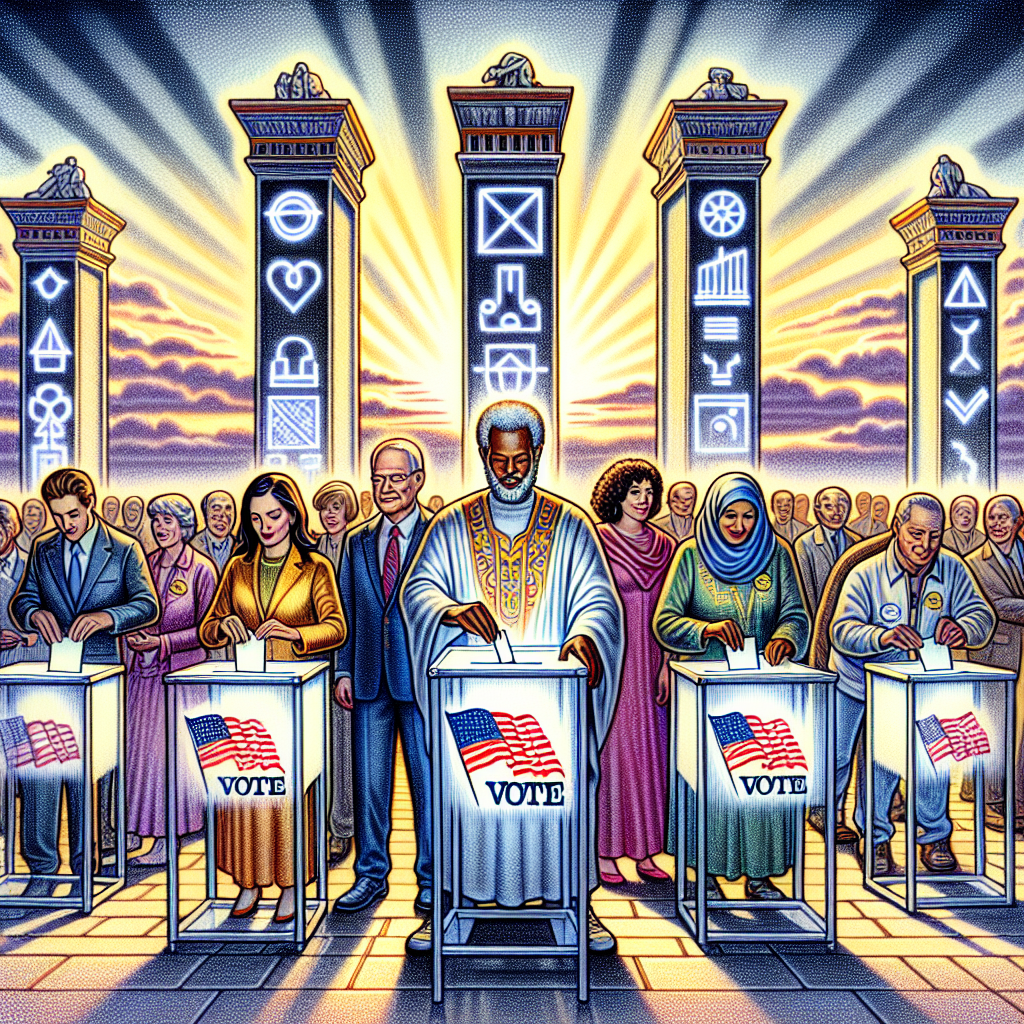 A vivid, detailed illustration of a symbolic representation of voting law reform. Show a diverse group of individuals of varying descents and gender, such as a Caucasian woman, a Black man, a Hispanic man, a Middle Eastern woman and a South Asian man, all casting their votes in transparent ballot boxes. In the background, incorporate five tall pillars representing the 5 reforms. Each pillar should bear universal symbols relating to the cornerstone of democratic voting: transparency, equal representation, accessibility, security, and freedom. The setting should be a public space, resonating with the spirit of democracy and public involvement.