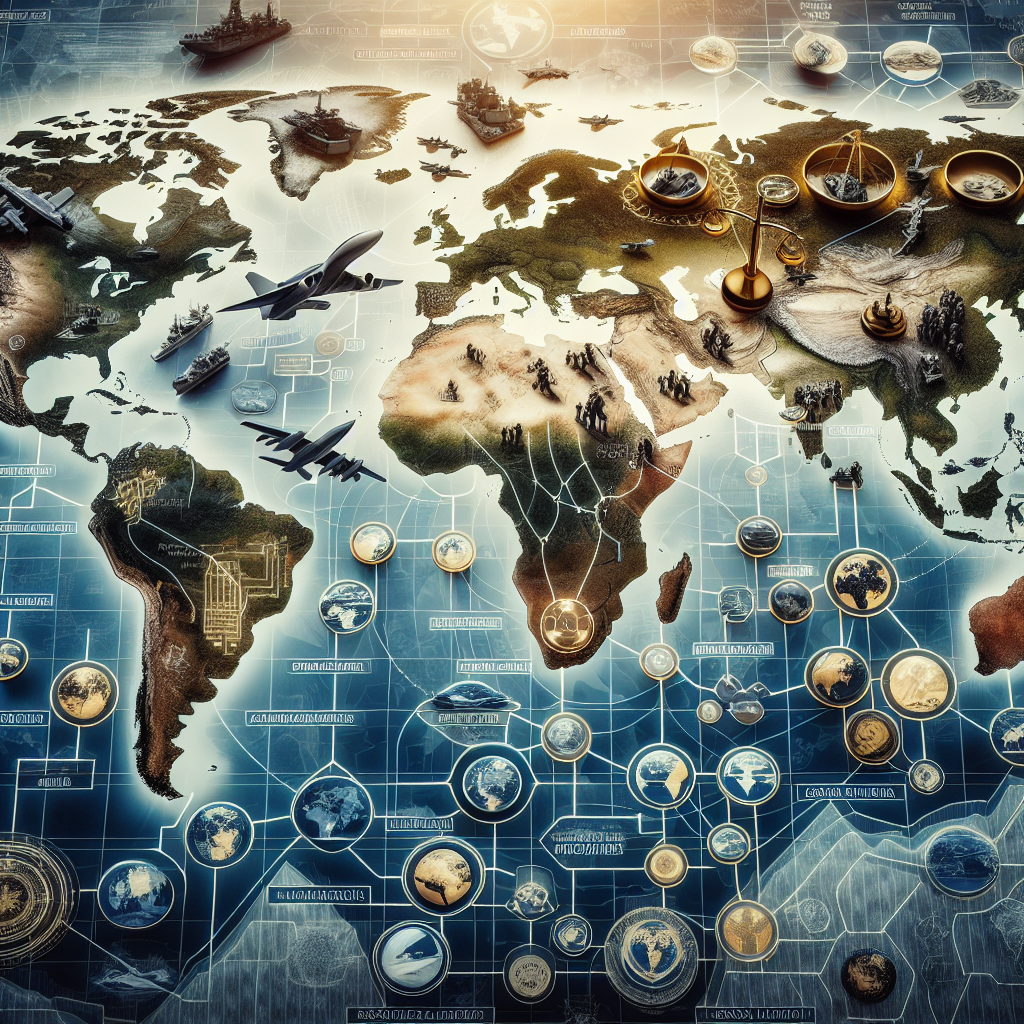 A vast map of the world, highlighting multiple continents including North America, Asia, and Africa. A variety of symbols are scattered across the map indicating military resources like aircraft, naval ships, and soldiers. On one side, there is a transparent overlay of a flowchart to symbolize decision-making processes. The flowchart contains different stages marked with terms like 'Risk Assessment', 'Strategic Planning', and 'Resources Allocation'. An overlay of a golden balance scale in the middle symbolizes the balance of power and justice. Embedded texts such as 'Global Security' and 'Essential Tips' add context to the image.