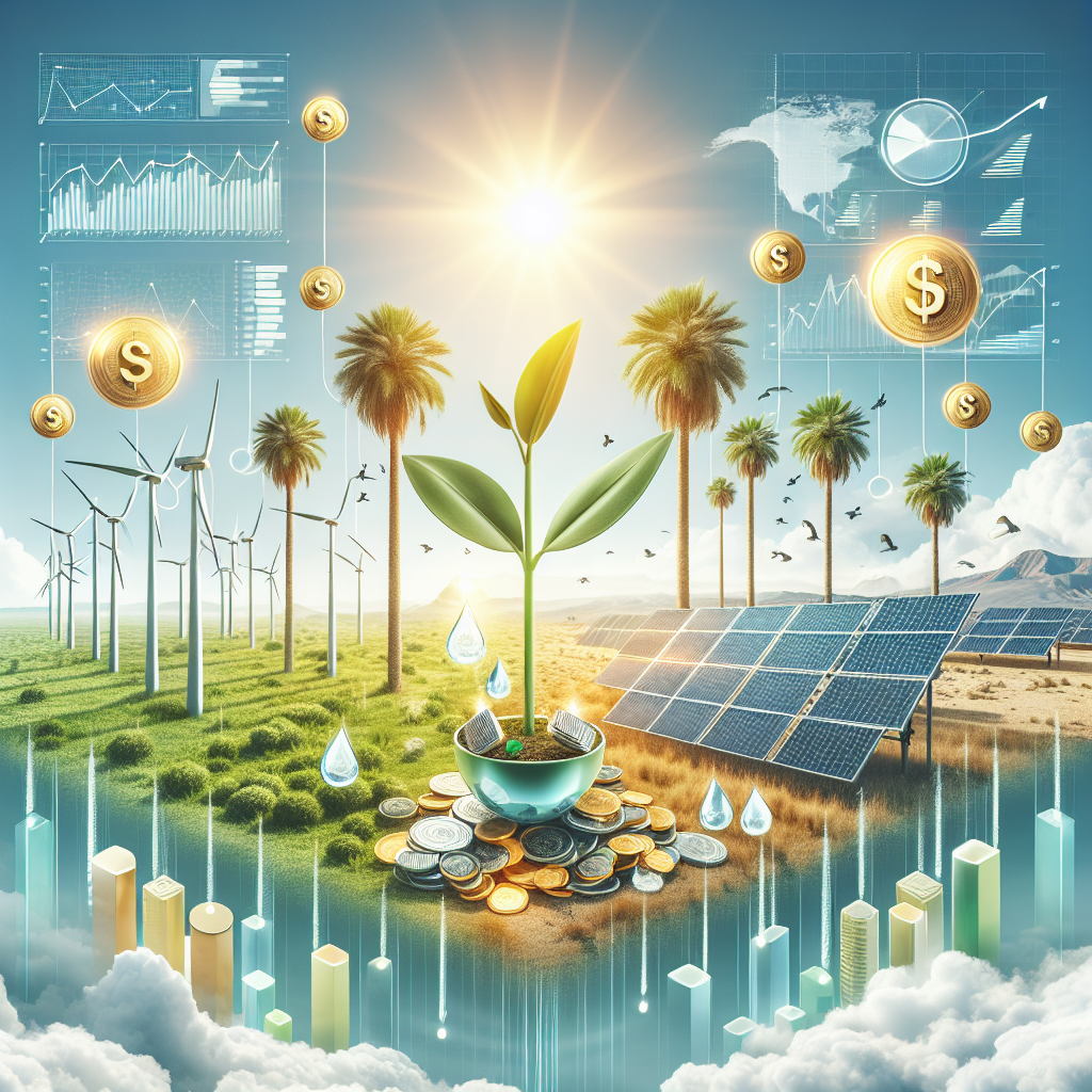 An image showcasing a balanced infographic-style scene presenting a variety of clean energy sources and their respective investment potentials. On one side, display wind turbines on a grassy plain under a cloudy sky, blades turning gently. On the other, showcase solar panels gleaming under a bright sun in an arid palm-filled desert. In the center, visualize a growing green plant, symbolizing the investment, sustained by drops of water in the form of coins. Include data charts and graphs in the background to emphasize the strategic aspect. This is representing the sustainable future of energy investments.