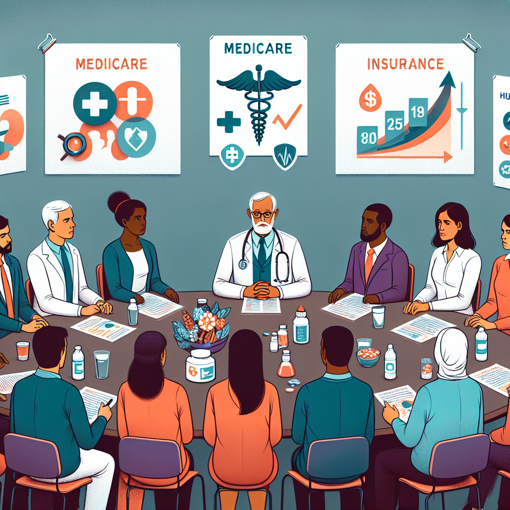 Visualize a scene consisting of a group of diverse individuals of varying descents such as Caucasian, Hispanic, Black, Middle-Eastern, South Asian, sitting around a table. They are attentively listening to a health insurance expert, who is White male, explaining changes to the Medicare system illustrated on charts and graphs. Include different types of healthcare symbols (like a stethoscope, medicine bottle) and insurance icons (like a shield, umbrella). The atmosphere is serious yet hopeful, portraying the idea of affordable healthcare insurance reforms.