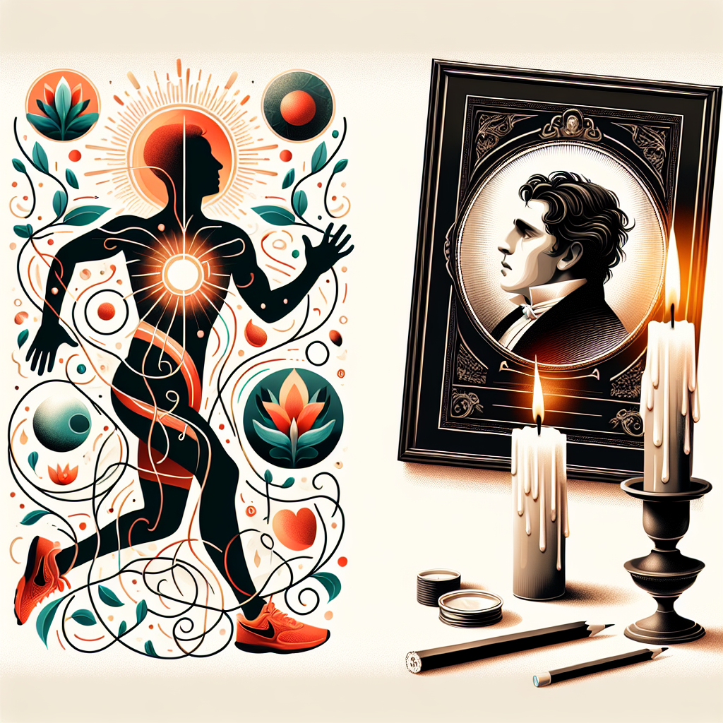 An illustrated cover for a magazine focusing on famous personalities' life events. It showcases stylized images of a fitness icon demonstrating a healthy lifestyle, like running or eating a healthy meal, depicted as a radiant, inspiring symbol of wellness. Simultaneously, a somber image of a burning candle placed next to an elegantly narrow picture frame containing a black and white artistic rendering conveys the sadness of loss. Elegant vines of text flow around these images, hinting at their stories.