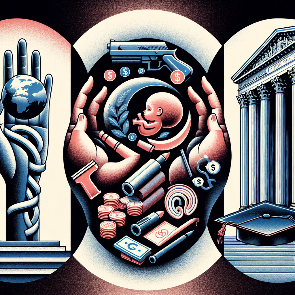 A conceptual composition displaying three separate and symbolic interpretations of U.S. Supreme Court decisions. The image should contain three sections. On the left, represent an abstract interpretation of reproductive rights as a symbol such as an open female hand holding a small globe or an image of a fetus. The center section could illustrate gun laws, by showing an abstract representation of a pistol being wrapped by a legal scroll. Lastly, the rightmost section can depict student loans by having an image of a graduation cap submerged under a pile of coins. The Supreme Court building should subtly serve as the backdrop for the entire composition.