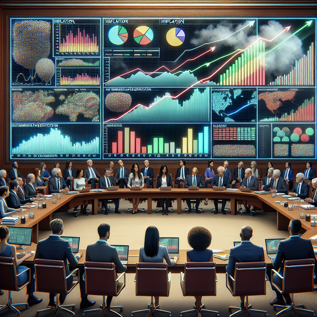 An image showcasing a grand conference room filled with a diverse group of analysts. They are engaged in a heated discussion regarding economic strategies, represented by a large, digital wall screen displaying colorful bar graphs and line charts. About half the room are women - a Caucasian woman, a Black woman, and an Asian woman, just to name a few. Others are men of varying descents - a Hispanic man, a Middle-Eastern man, and a South Asian man. They have stacks of documents with 'Interest Rate Decisions' printed on the headers. Further backdrop depicts an abstract representation of inflation, symbolized by a rising balloon.