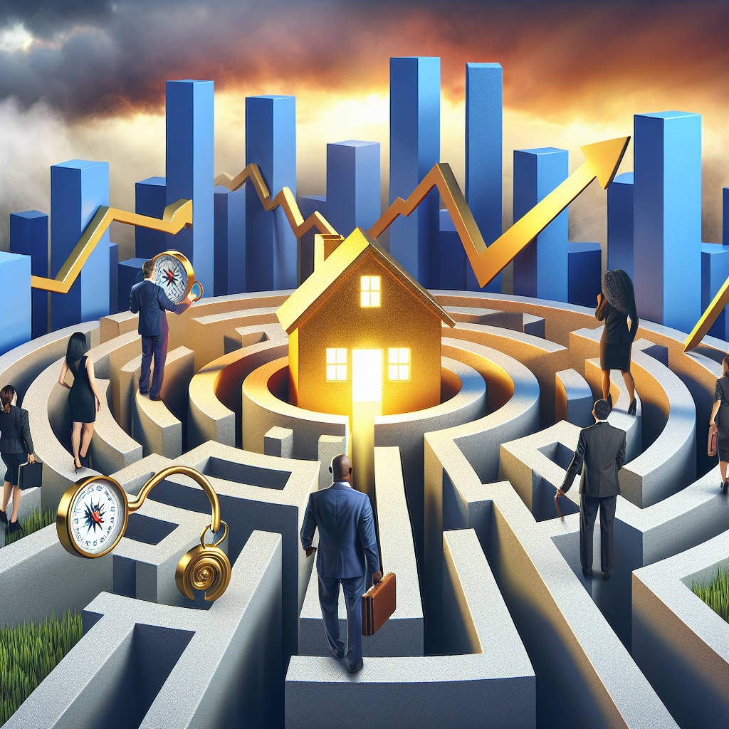 Depict an image of a labyrinth made of rising bar graphs representing the US housing market and mortgage rates. Have a diverse group of people such as a Hispanic businessman, Black businesswoman, and a Middle-Eastern couple, navigating this maze. They are each holding oversized compasses indicating strategies to overcome the mortgage rate increase. In the heart of the labyrinth, place a miniature house, glowing in golden light, symbolizing the goal. The sky above is a mix of shades suggesting both uncertainty and hope. The image should ooze with the sense of navigation and strategy.