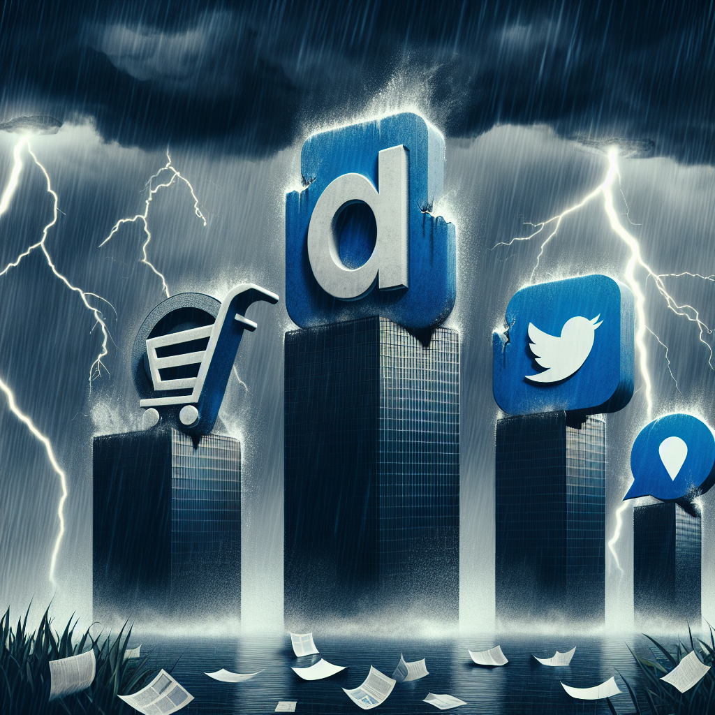 A large and gloomy metaphorical storm is brewing in the dark sky, and four enormous, symbolized skyscrapers - representing giant tech companies - are battered by heavy rain and lightning. The skyscrapers are caricatures, one with a large search magnifying glass (signifying a search engine company), another with a gigantic shopping cart (an online marketplace giant), the third has a big social media 'like' icon (a popular social media corporation), and the last one is shaped like an electric car (an electric vehicle manufacturing titan). Papers (symbolizing jobs) are depicted tumbling and scattering away from the buildings, caught in the storm's gusty winds.