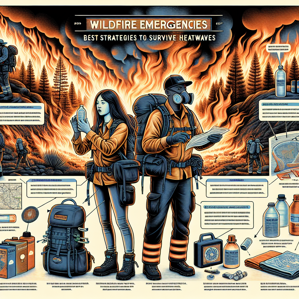 A detailed illustration displaying a wildfires survival guide during heatwaves. Show depictions of a diverse set of people: a Caucasian woman and a Hispanic man, both wearing protective clothing and carrying essential survival gear such as air filters, water bottles, and fire blankets. The background is a raging forest fire, with flames dancing towards the sky, while the duo steer clear of the radiant heat. A labelled diagram format may be useful to highlight key elements of the scene. Add subtitles with 'Wildfire Emergencies: Best Strategies to Survive Heatwaves' as the main title.