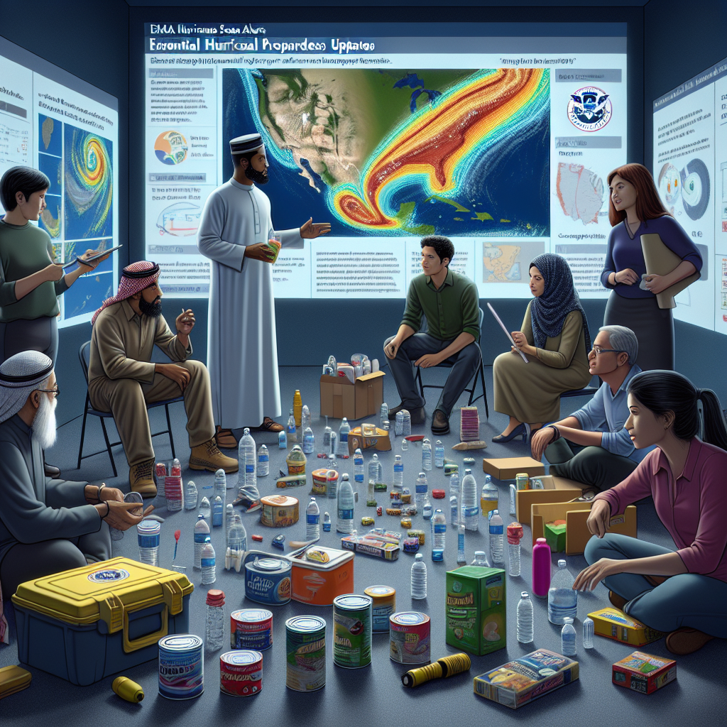 Visualize a scene for an informational article. In the foreground, a mix of South Asian and Middle Eastern individuals, both male and female, in conversations around a large map depicting hurricane paths. Towards the right of the image, a Caucasian male and a Hispanic female are preparing emergency disaster kits, with flashlights, water bottles, canned food, and other essential items spread out before them. The backdrop shows a screen on the wall, displaying the title 'FEMA Hurricane Season Alerts: Essential Preparedness Updates', surrounded by sobering stats and figures related to past hurricane impacts.